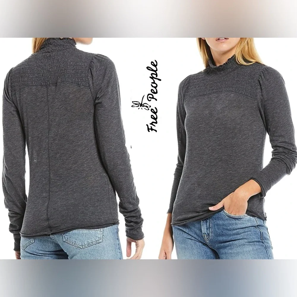 Free People Smocked Jersey Top High Neck Long Sleeve Charcoal Grey | Size Large - Picture 2 of 9